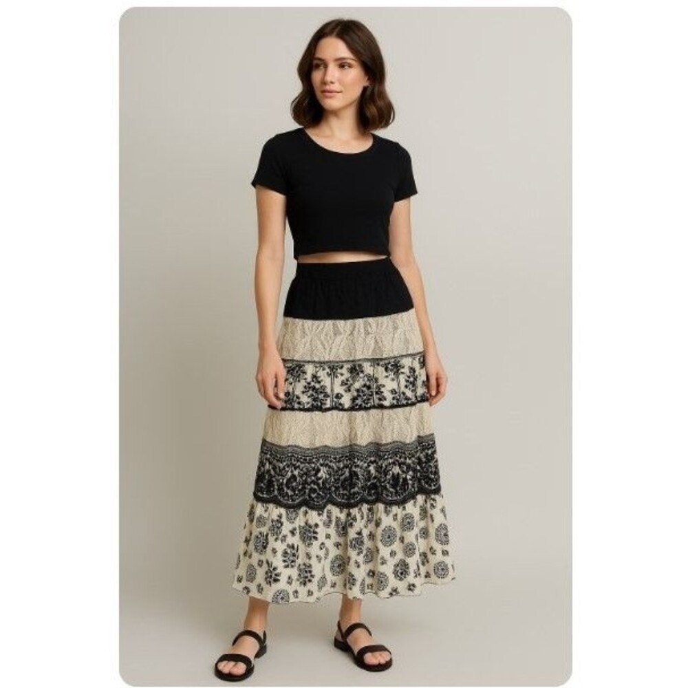 Spencer Alexis Maxi Skirt Vintage Black Layered Mixed Fabric Metallic Size XL